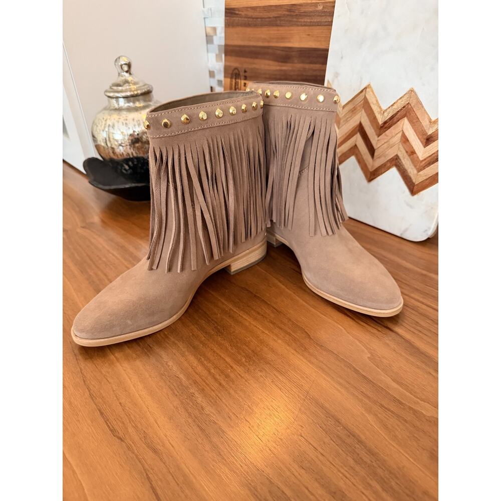 Michael Kors Women's Suede Fringe Ankle Boots Taupe Studded Boho Western - Picture 6 of 8